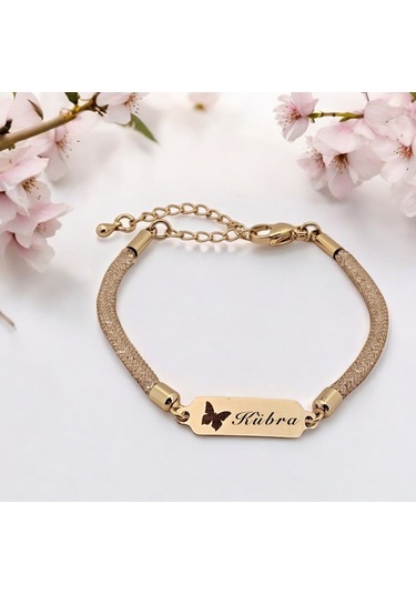 Archin Kübra İsmine Özel 14 Ayar Altın Plakalı Hasır Kordonlu Kelebek Motifli Hediye Bileklik-647isim Kübra