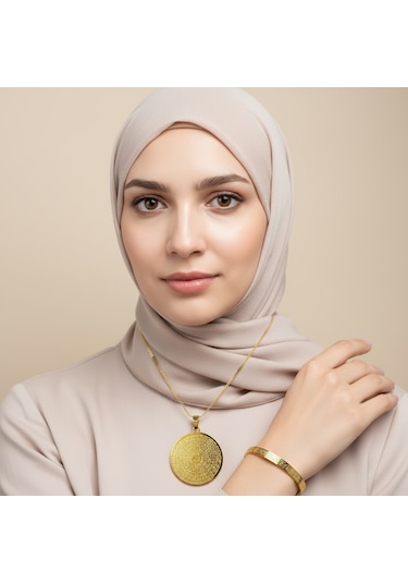 Esmaül Hüsna Kolye Ve Ayetel Kürsi Bileklik Seti Gold Çelik Takı Altın
