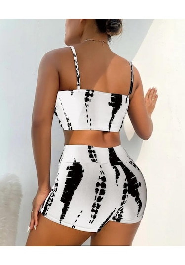 Kadın Büzgü Detay Askılı Crop Mini Tayt Ikili Takım Beyaz