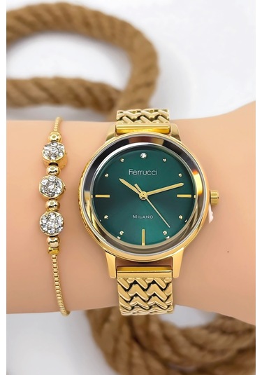 Ferrucci Çelik Kordon & Şık Tasarım, Kadın Kol Saati, 3atm Suya Dayanıklı Gold-yeşil Sdfer154 Çok Renkli