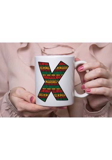 X Harfi Etnik Desenli Kupa - Afrika Tarzı Kahve Çay Kupası - Hediyelik - Black History Beyaz