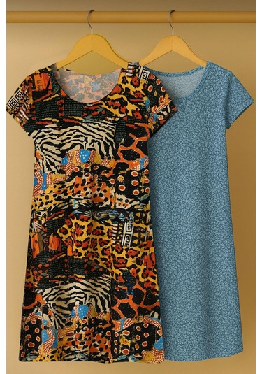 2 Adet Dökümlü Rahat Kalıp Günlük Penye Kumaş Elbise Mavi - Kahverengi