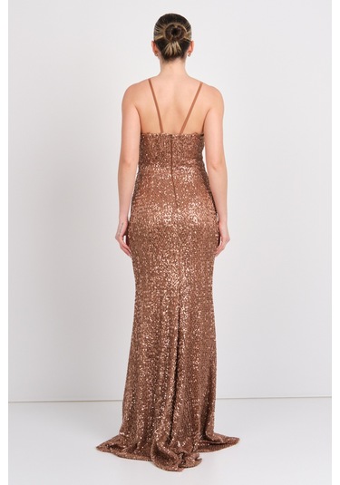 Explosion Kadın Pul Payet Göğüs Dekolteli Saten Askılı Maksi Boy Abiye Elbise 58004 Bakır Bakır