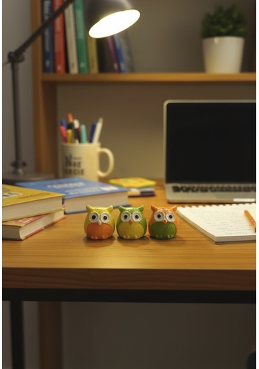 Artepieza Üç Bilge Baykuş Seti-renkli Dostlar Baykuş Seti-3 Lü Dekoratif Mini Set- Sarı-yeşil-turuncu 4 4 4 4