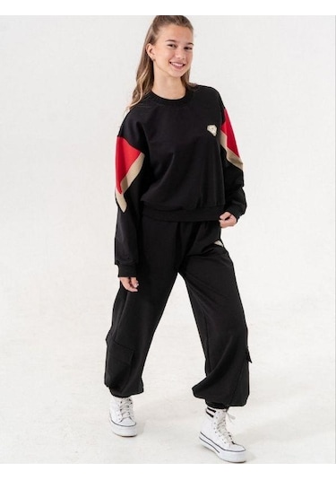 Kız Çocuk 2 İplik Kalp Aplikeli Tasarım Eşofman Takım-14216 Siyah