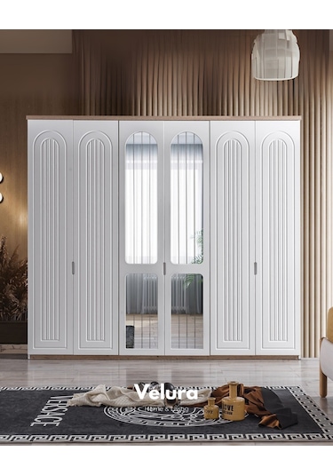 Boerno 6 Kapaklı Aynalı Gardırop Dolap Beyaz - Ceviz