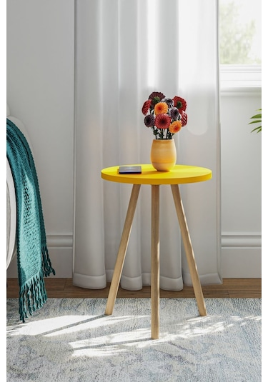 İntergo Yuvarlak Ahşap Ayaklı Tekli Zigon Yan Sehpa Sarı
