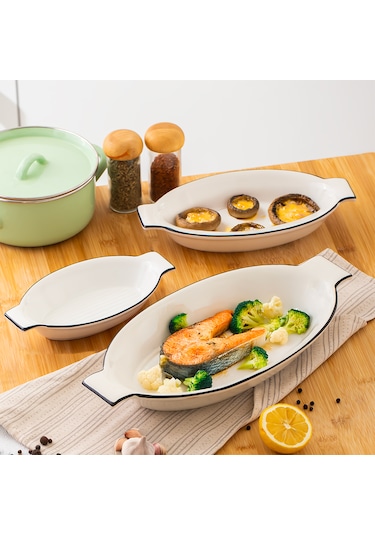 Porsima 085 Oval 3'lü Porselen Fırın Kabı Servis Tabağı Beyaz