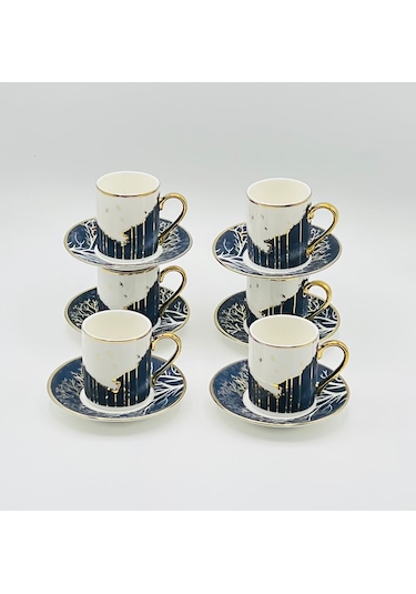 Tekbir Vintage Lacivert Manzaralı Porselen Kahve Fincan Takımı