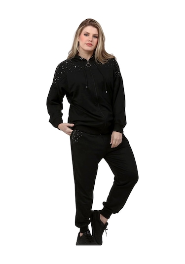 Taş Baskılı İncili Eşofman Takım Siyah