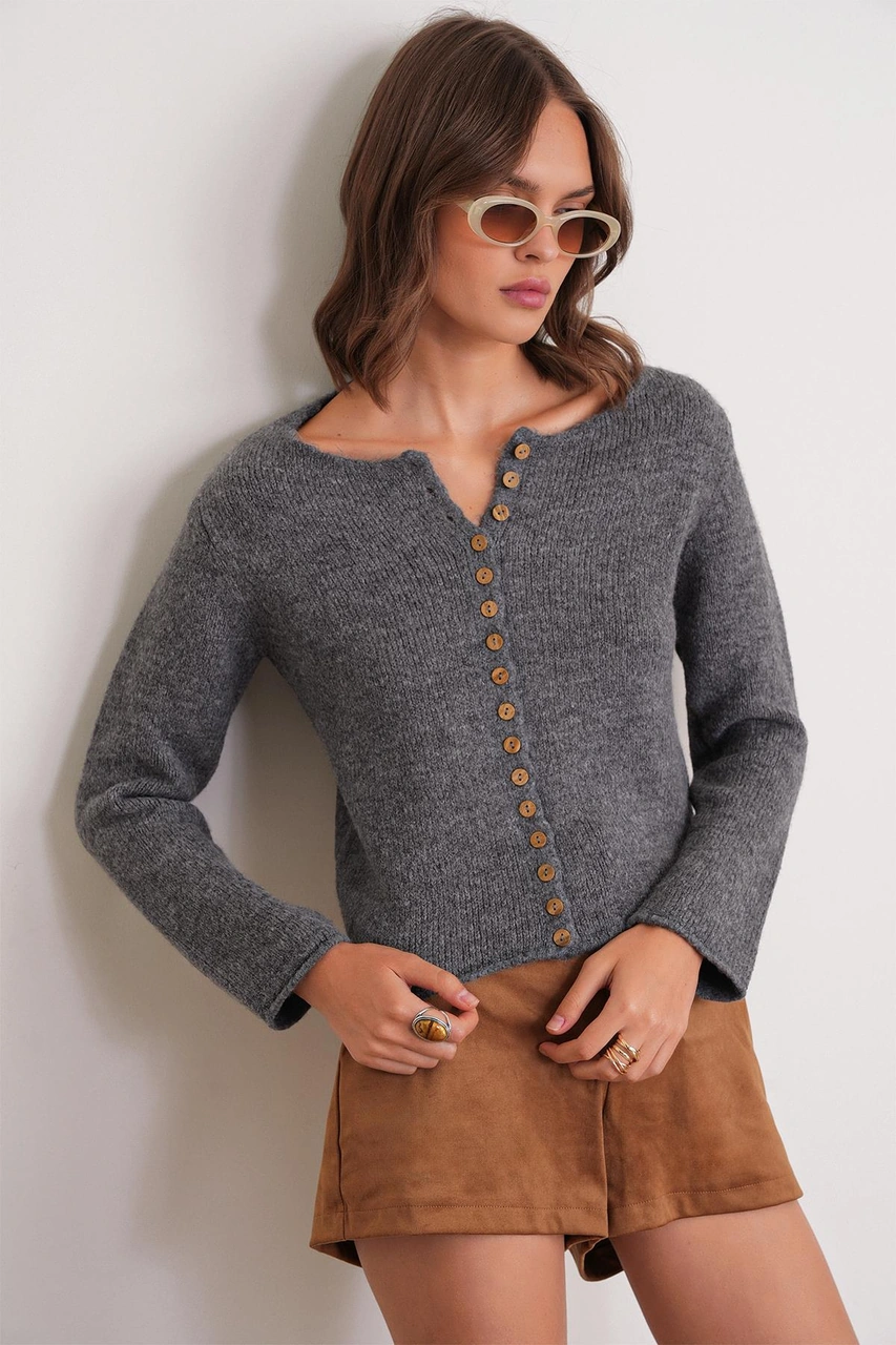 6957 Kadın Düğmeli Bisiklet Yaka Triko Hırka Antrasit Antrasit