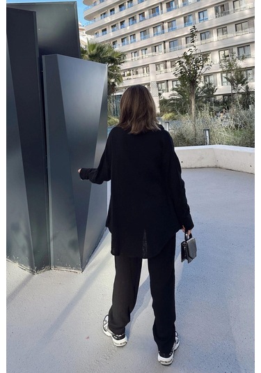 Kadın Siyah Salaş Uzun Gömlek & Beli Lastikli Pantolon - Alt & Üst Müslin Kumaş Takım Siyah