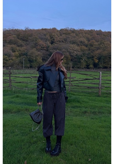 Siyah Apolet Detaylı Tasarım Deri Ceket Siyah