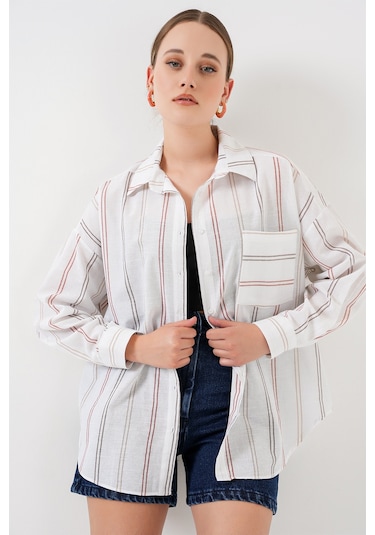 Kadın Çizgili Oversize Gömlek 20278 - B.beyaz Beyaz