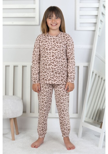 Minik Uyku Avcısı - Vahşi Rahatlık Serisi Leopar Desenli Kız Çocuk Pijama Takımı Kahverengi
