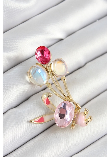 Zirkon Taşlı Balonlu Pembe Tavşan Figürlü Gold Renk Kadın Broş Renkli