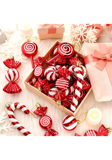 Geeksen 30 Adet Kırmızı-beyaz Plastik Noel Şeker Askısı Seti Nane Şekeri, Asma Şeker, Çubuk Şeker Figürleri