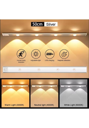 Beyaz Renk 4 Led 50 Cm Hareket Sensörlü Led Işık Tezgah Altı Ofis Ev Led Lamba Çok Renkli