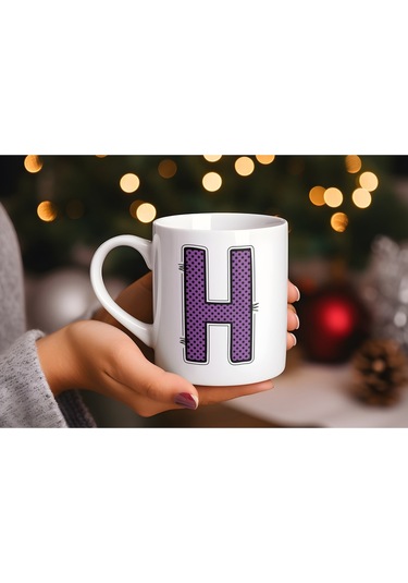 H Harfi Mor Puantiyeli Kupa Bardak - Polka Dot Tasarım Kahve Çay Bardak - Kişiye Özel Hediyelik Beyaz
