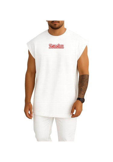 Oversize Zenshu Japon Anime Göğüs Baskılı Atlet Beyaz