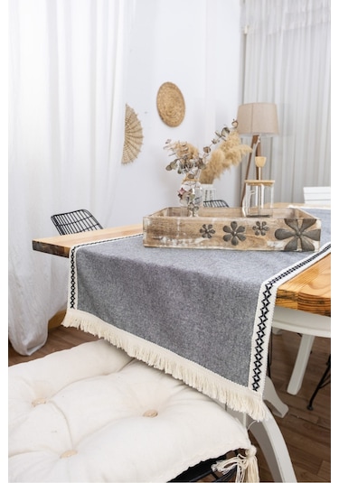 Dnc Home Tekstil Ndchome Gri Antrasit Siyah Şeritli Püsküllü Runner