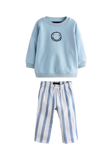 Yeni Sezon Erkek Çocuk 3 İplik Çizgili Alt Emoji Smile Bebe Mavi Sweartshirt Ve Çizgili Alt Üst Takım Mavi Yeni Sezon Erkek Çocuk 3 İplik Çizgili Alt Emoji Smile Bebe Mavi Sweartshirt Ve Çizgili Alt Üst Takım Mavi