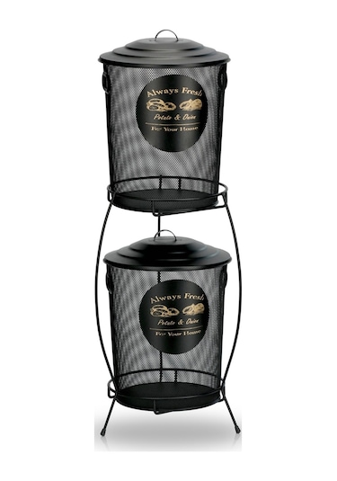 Bayev Fileli 2 Katlı Siyah Patates Soğan Kovası Sepeti Kabı Kutusu Ekonomik Boy Kapaklı