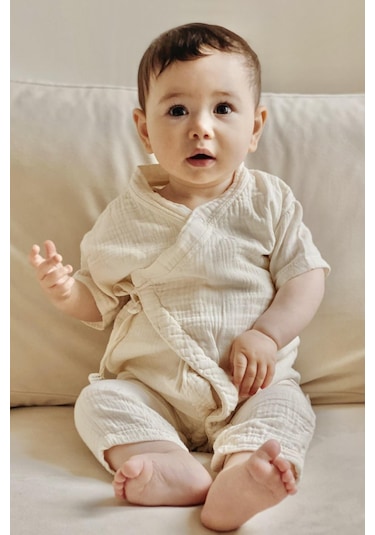 Cigit Organic Kruvaze Müslin Tulum 0-9 Ay Naturel Beyaz