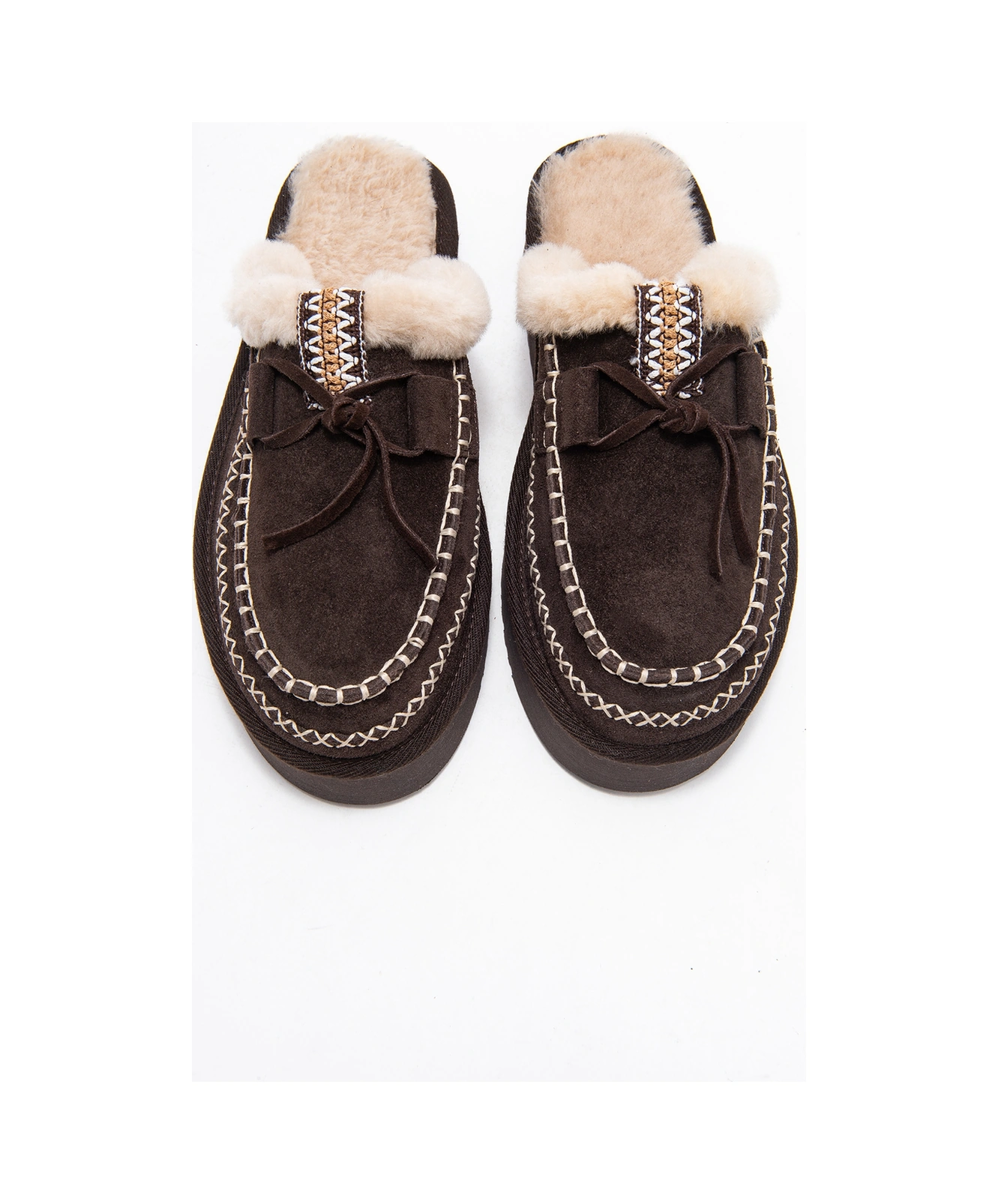 Yalına Kahverengi Süet Hakiki Deri Dikişli Kürklü Kadın Platform Tabanlı Makosen Terlik Kahverengi