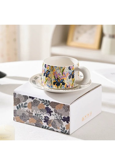 Maiyame Beyaz Seramik Çay/ Kahve Fincan Ve Tabak Seti - 280 Ml Bahar Çiçek Desenli Hediyelik Kutulu Hediye Paketi Beyaz