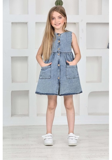 Kız Çocuk Düğme Kapamalı Jean Elbise 12198 Mavi