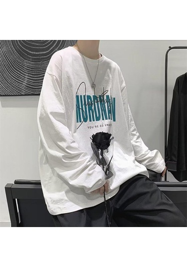 Beyaz Erkekler Uzun Kollu T-shirt Mektup Grafik Baskı Moda Marka Tees Erkekler İçin Erkek Giyim Rahat Tee Adam Yaz Kore Retro Beyaz