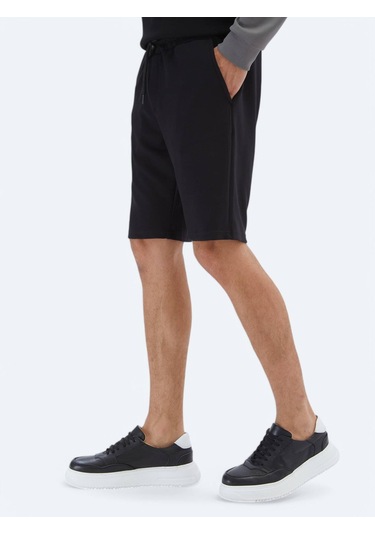 Siyah Düz Örme Jogging Fit Spor Bermuda Siyah