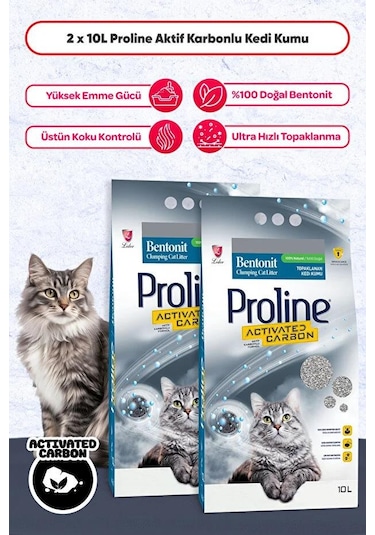 Proline Proline Aktif Karbonlu Topaklanan Kedi Kumu 10 Lt X 2 Adet