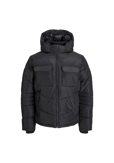 Erkek Kapüsonlu Fermuarli Puffer Mont - Build Black Siyah