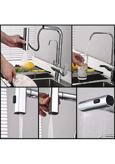 Mutfak Eviye Bataryası Dual Flow Arıtma Çıkışlı Duş Şelale 4 Fonksiyonlu Spiralli