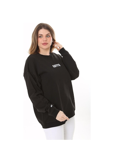 Kadın Büyük Beden Siyah Pamuk Kumaş Nakış Yazılı Sweatshirt 65n37616-siyah Siyah