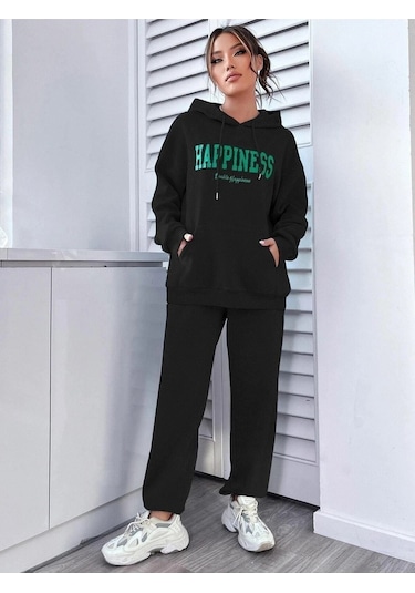 Happiness Eşofman Takımı Sweatshirt Jogger - Siyah Baskılı Oversize Şardonlu Kapüşonlu Siyah