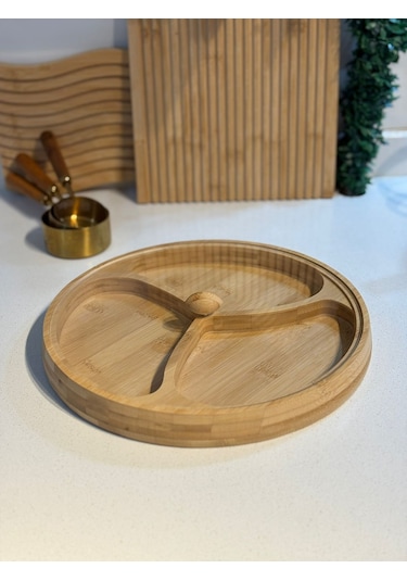 Morponi 3 Bölmeli Akrilik Kapaklı Bambu Çerezlik & Kahvaltılık 28 Cm Alg Bambu