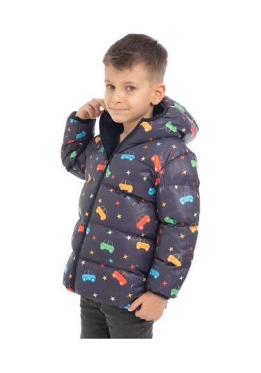 Erkek Çocuk Içi Polarlı Kapüşonlu Araba Yıldız Ay Desenli Kışlık Şişme Mont Lacivert
