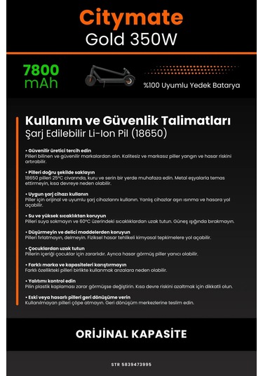 Citymate Gold 350w / 36v 7800mAh Elektrikli Scooter Bataryası