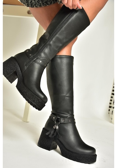 Fox Shoes T996224009 Siyah Kalın Topuklu Kadın Çizme Siyah-Suni Deri