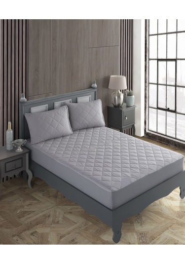 %100 Pamuk Kapitoneli Sıvı Geçirmez Renkli Yatak Alezi Yatak Koruyucu Alez Çarşaf Gri