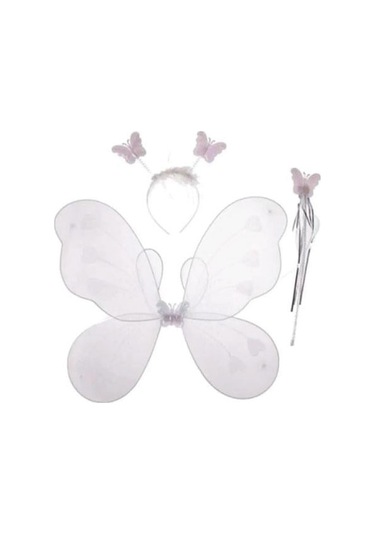 Kelebek Kanat Taç Asa Seti Beyaz Simli Kız Kostümü