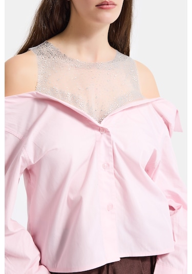 Itsbasic Kadın Pembe Oversize Tül Dantelli Özel Tasarım Gömlek