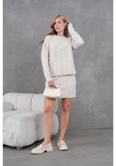 Kadın Bisiklet Yaka Saç Örgü Kazak Etek İkili Triko Takım Taş