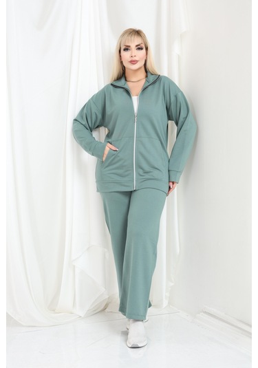 Kadın Büyük Beden Fermuarlı Uzun Kollu Rahat Günlük Eşofman Takım Çağla