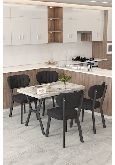 Gnr 70x110cm Sabit Efes Mutfak Masası Takımı, Yemek Masası, 4 Modern Siyah Sandalye Siyah