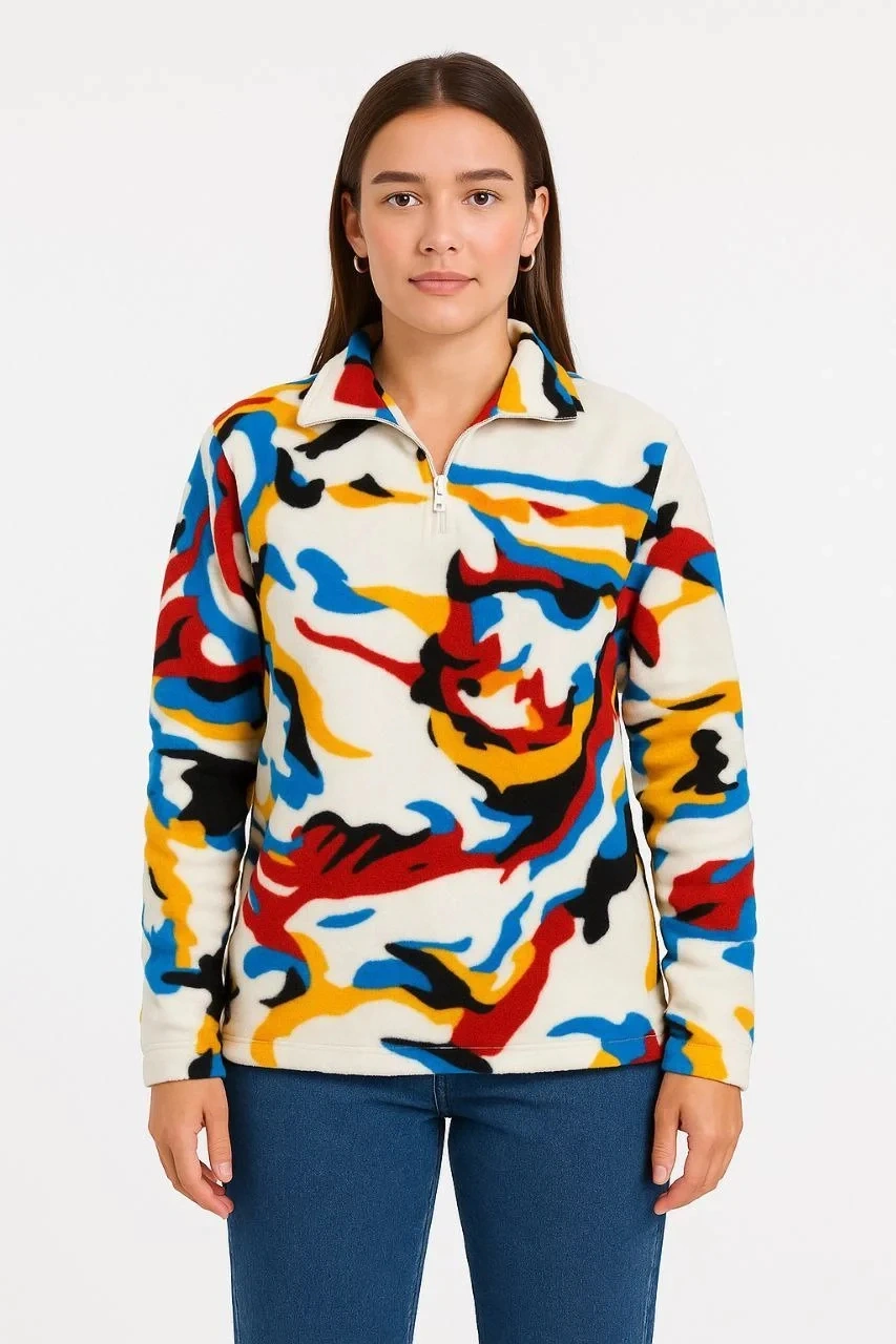 Kadın Yarım Fermuarlı Desenli Polar Sweat Renkli Abstract Desen Yakalı, Uzun Kollu, Oversize Rahat Beyaz