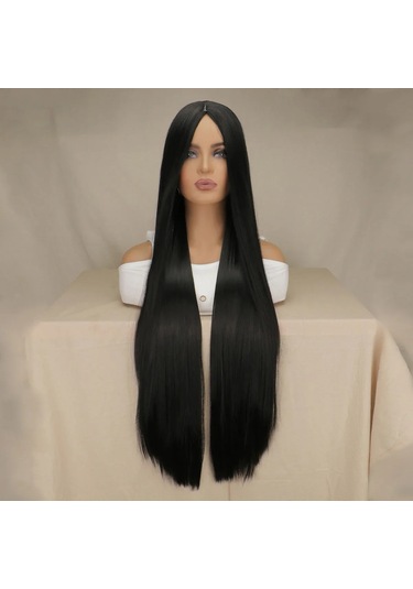 Anime 100cm Sentetik Uzun Düz Siyah Yüksek Sıcaklık Fiber Peruk Çok Renkli